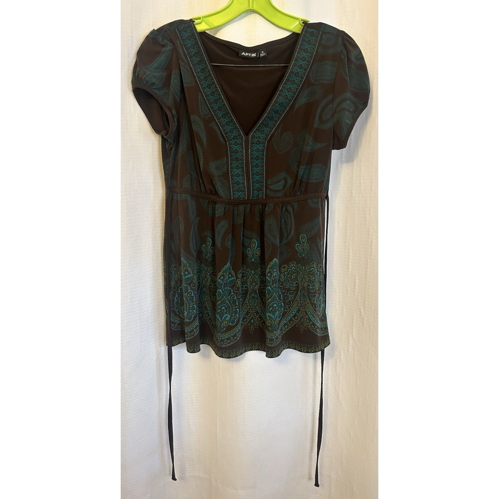 Green Black Paisley V Neck Top Womens M ties at waist Boho Y2K Festival